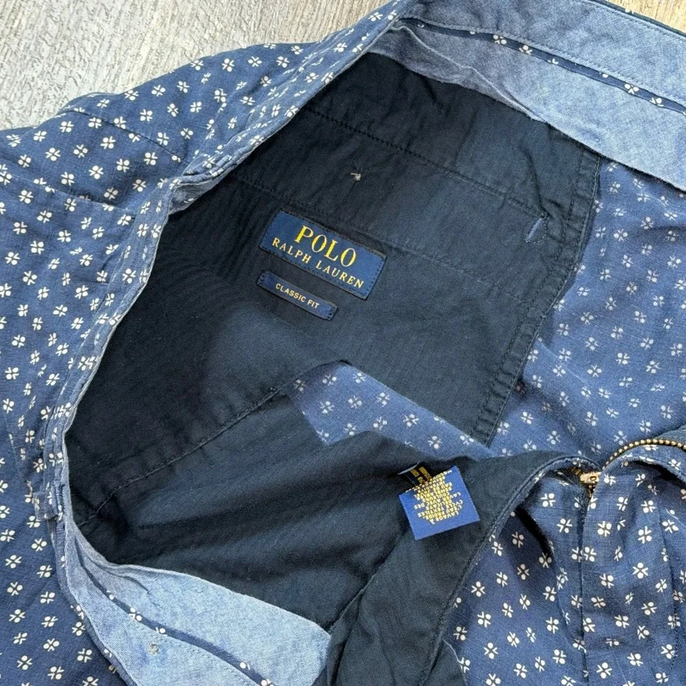 Polo Ralph Lauren Mens 44 Blue Linen Silk Geometric Print Classic Fit Shorts